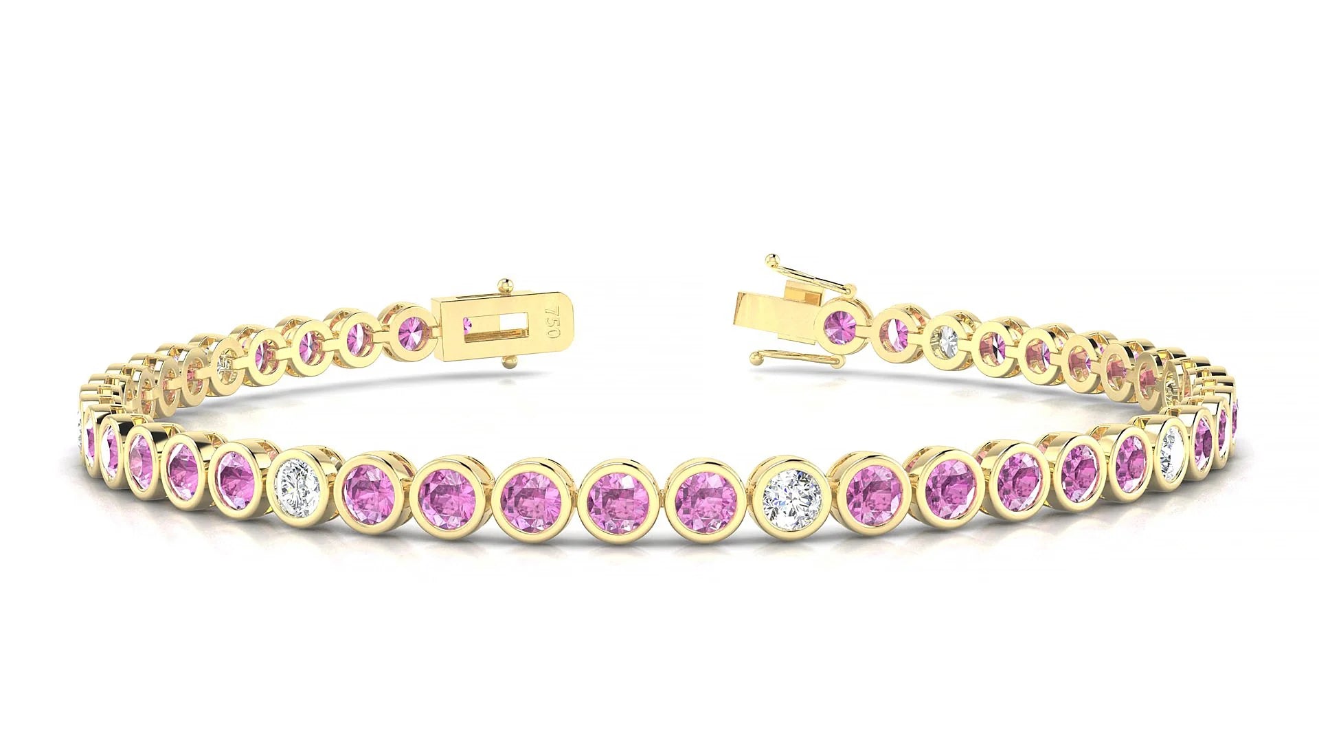 Avila 5-1 | 18k Yellow Gold 3 mm Round Natural Pink Sapphire & Diamond Tennis Bracelet