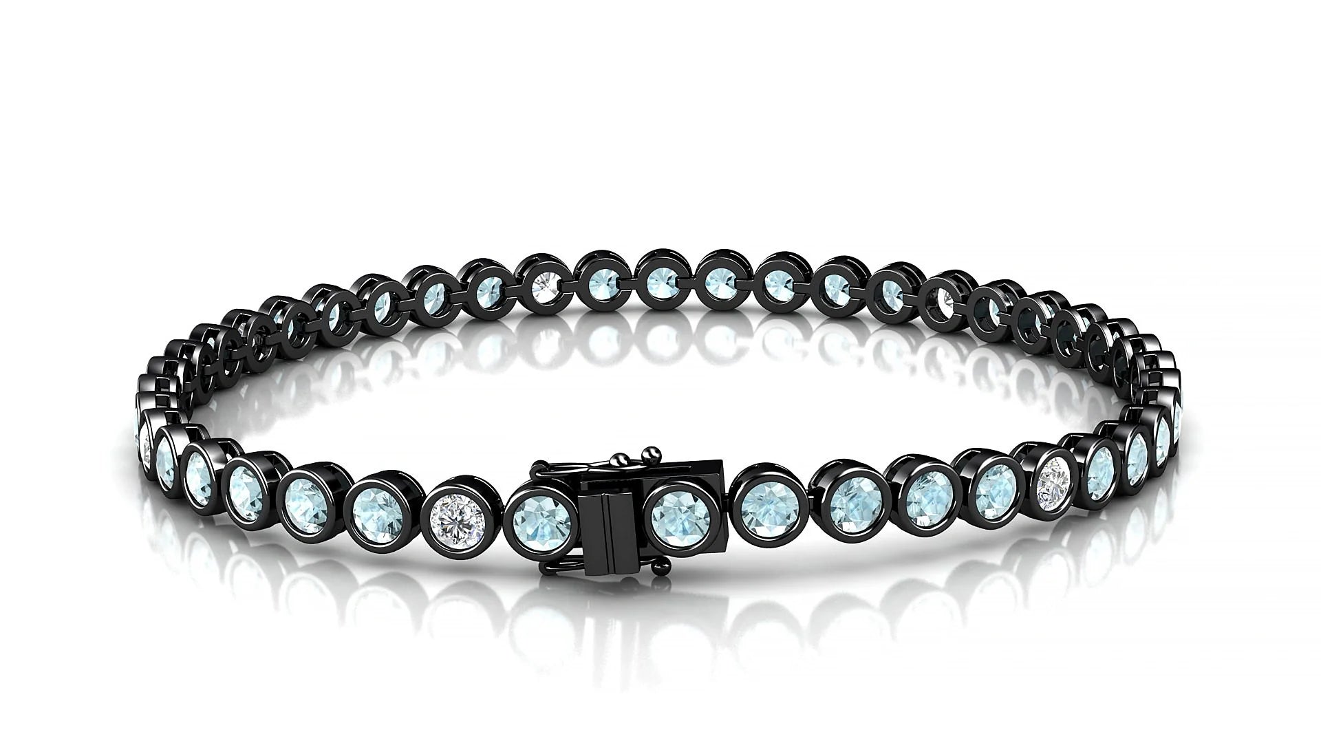 Avila 5-1 | 18k Black Gold 3 mm Round Natural Aquamarine & Diamond Tennis Bracelet