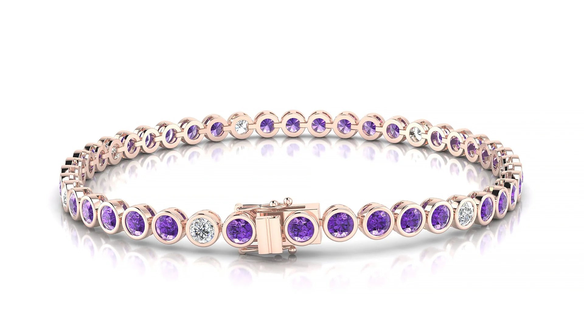 Avila 5-1 | 18k Rose Gold 3 mm Round Natural Amethyst & Diamond Tennis Bracelet