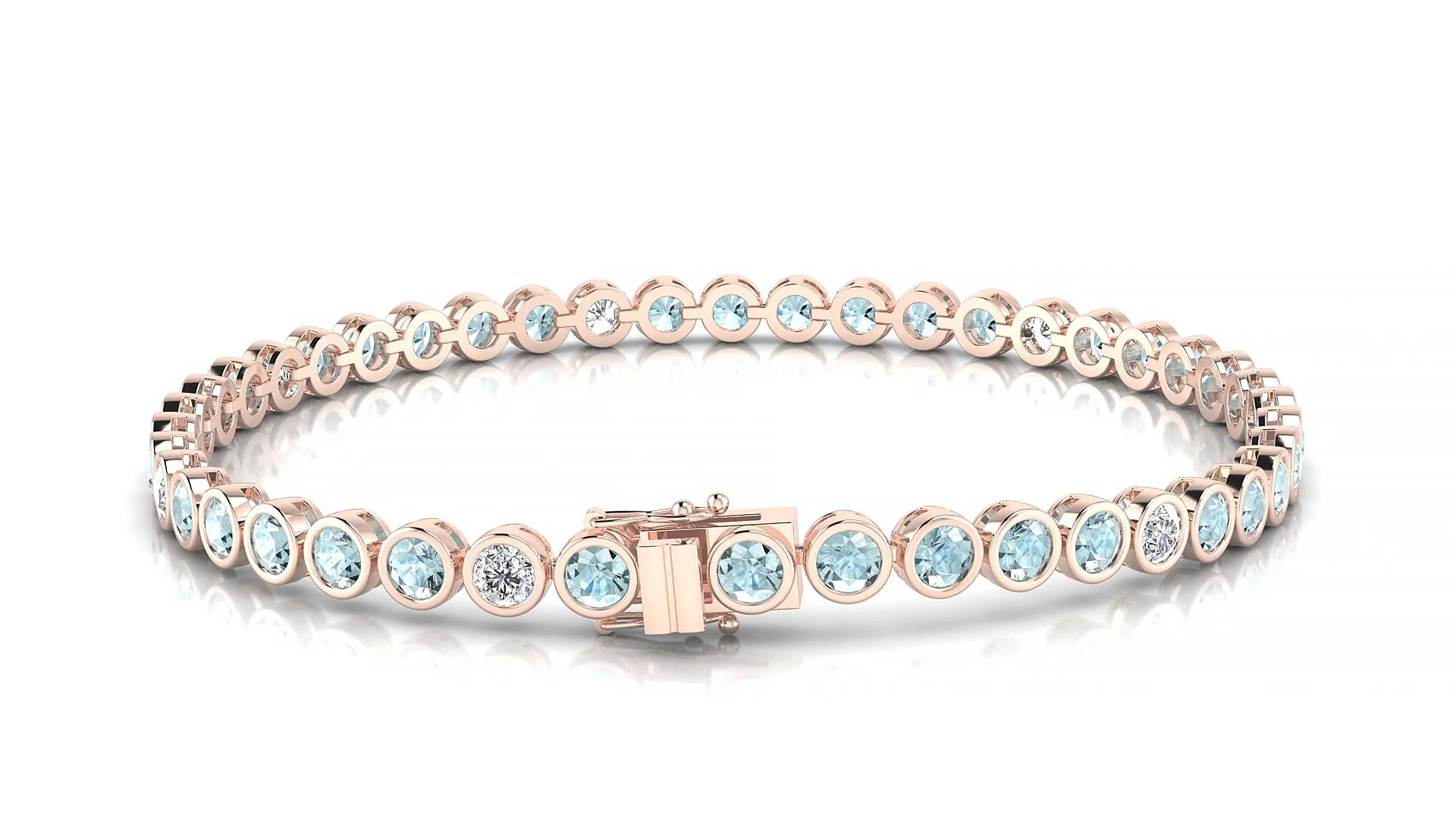 Avila 5-1 | 18k Rose Gold 3 mm Round Natural Aquamarine & Diamond Tennis Bracelet