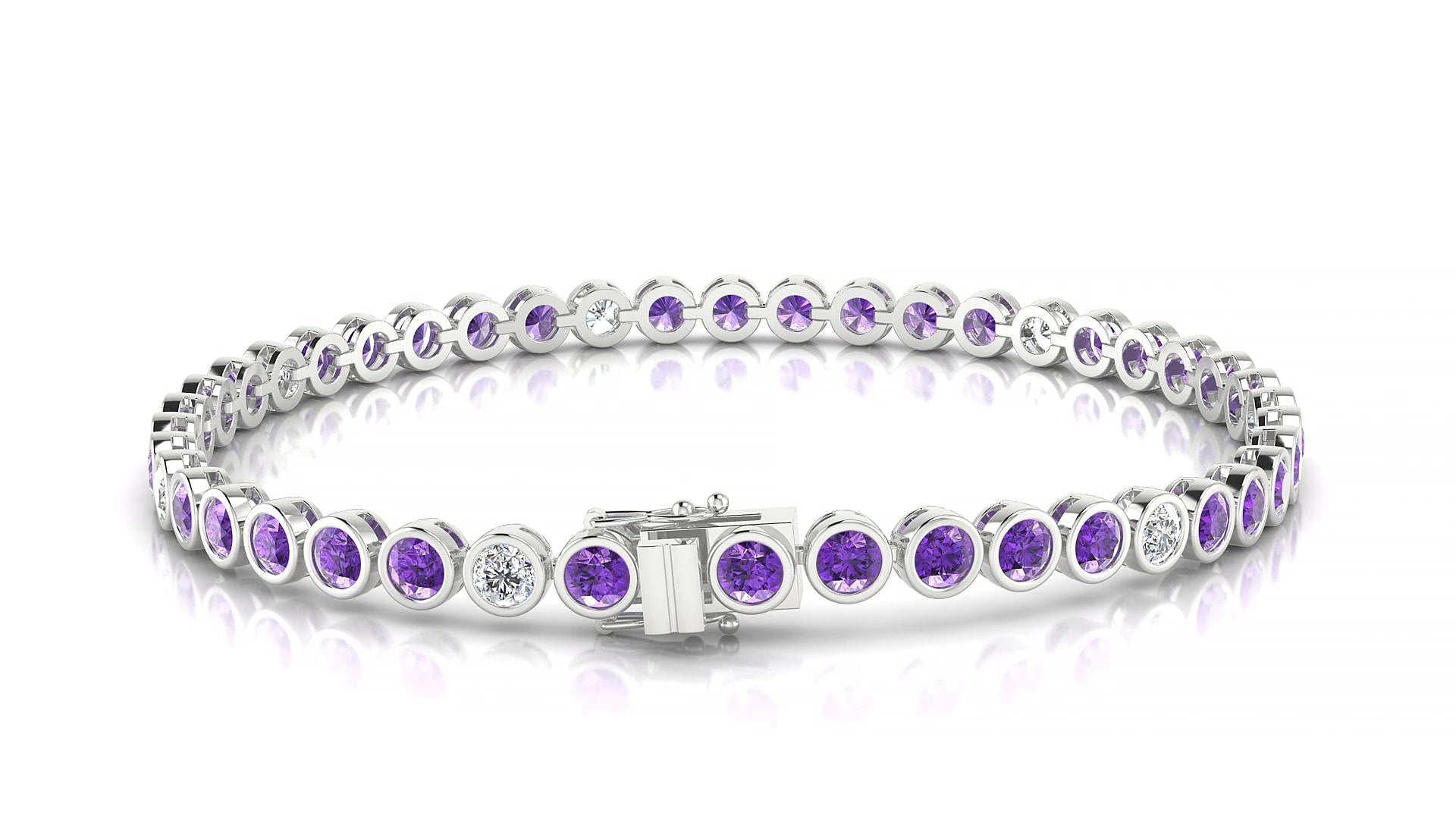 Avila 5-1 | 18k White Gold 3 mm Round Natural Amethyst & Diamond 16 cm Tennis Bracelet
