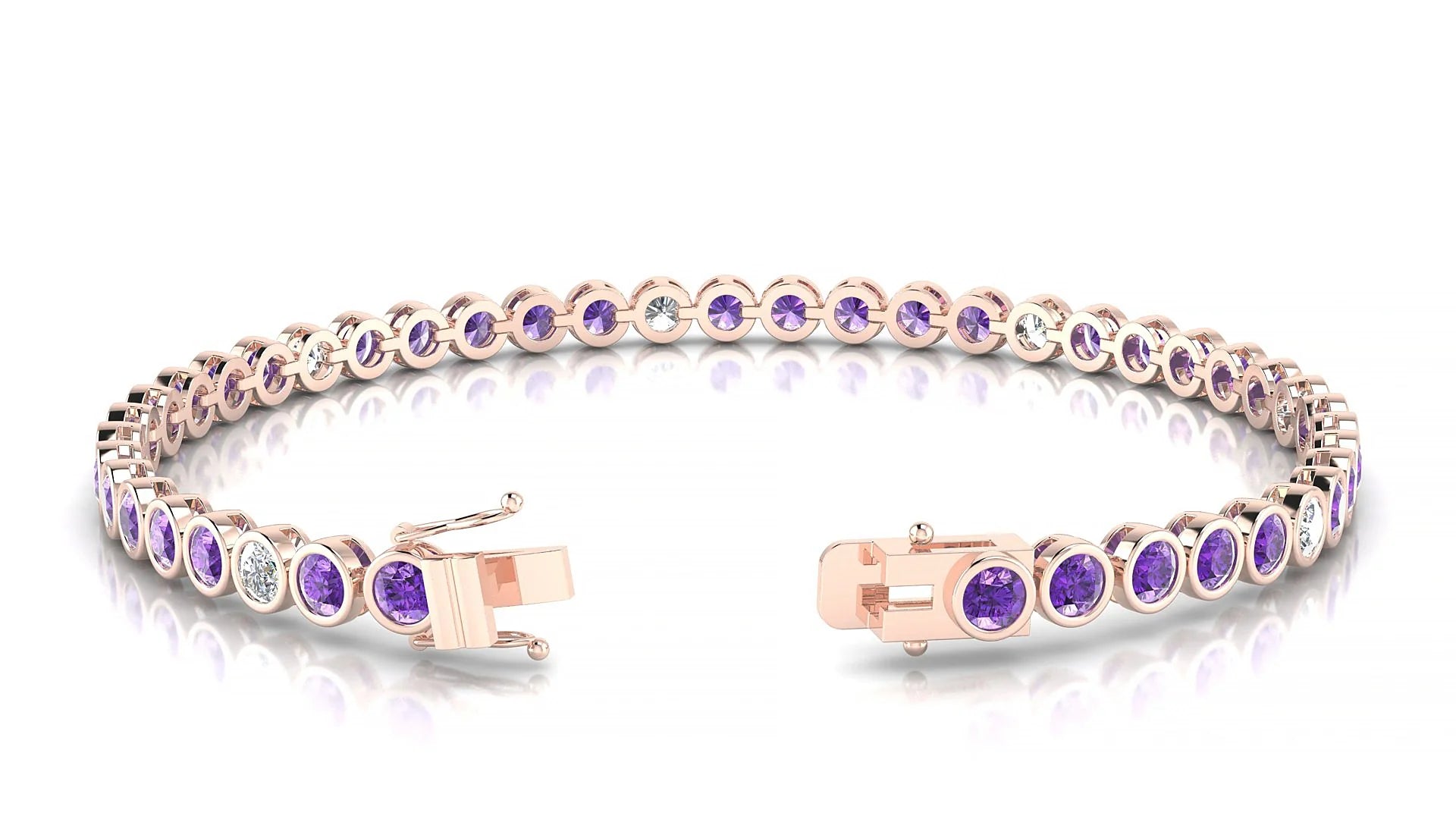 Avila 5-1 | 18k Rose Gold 3 mm Round Natural Amethyst & Diamond Tennis Bracelet