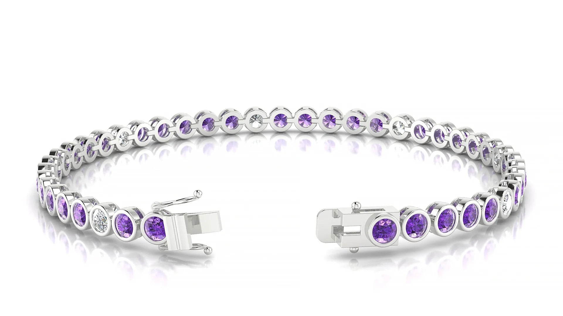 Avila 5-1 | 18k White Gold 3 mm Round Natural Amethyst & Diamond Tennis Bracelet
