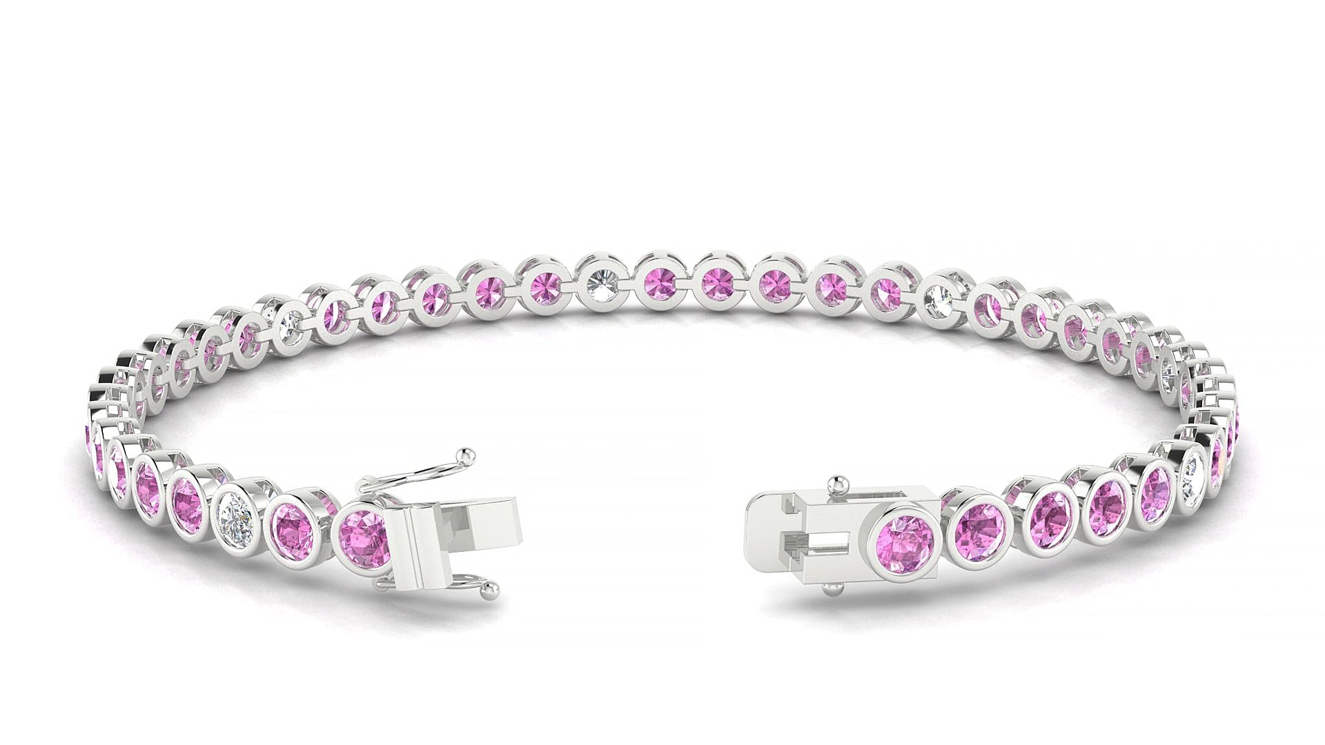 Avila 5-1 | 18k White Gold 3 mm Round Natural Pink Sapphire & Diamond 15 cm Tennis Bracelet
