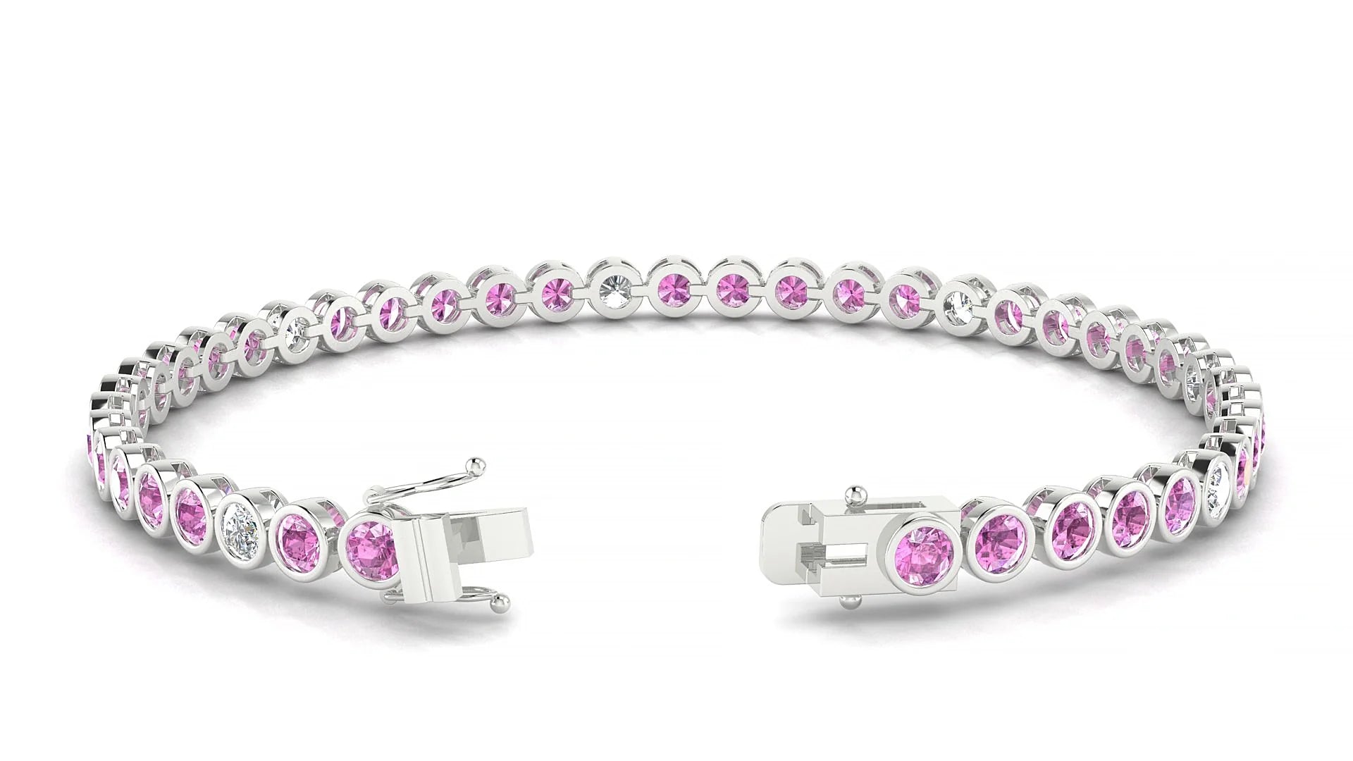 Avila 5-1 | 18k White Gold 3 mm Round Natural Pink Sapphire & Diamond Tennis Bracelet