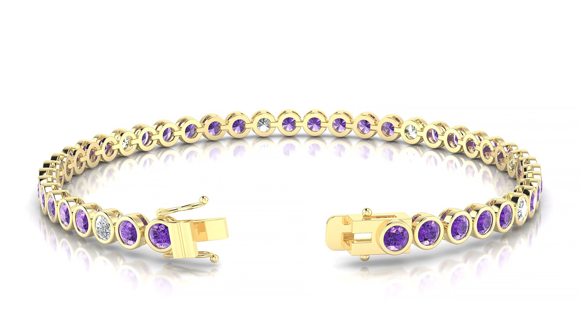 Avila 5-1 | 18k Yellow Gold 3 mm Round Natural Amethyst & Diamond 17 cm Tennis Bracelet
