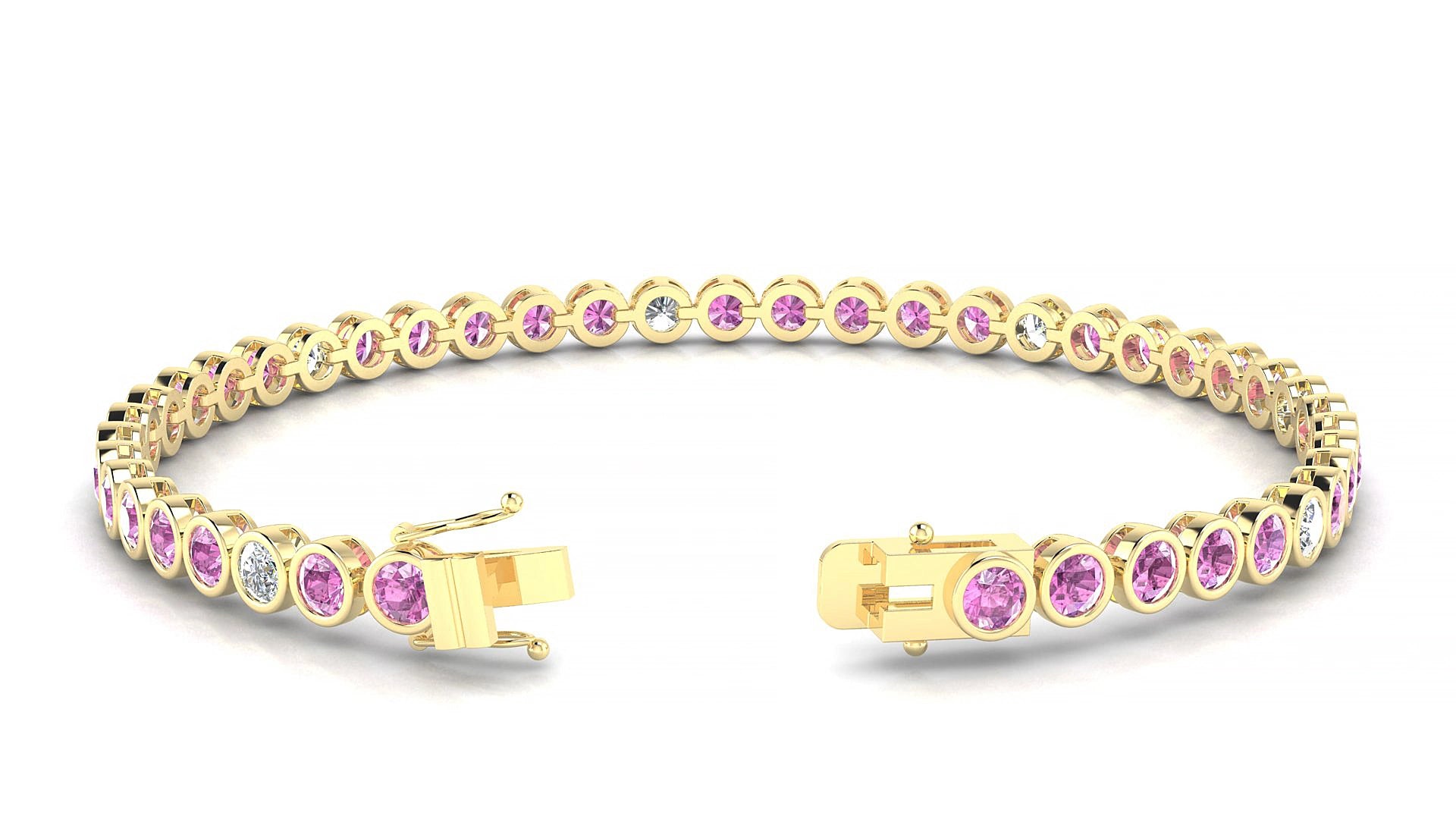 Avila 5-1 | 18k Yellow Gold 3 mm Round Natural Pink Sapphire & Diamond 15 cm Tennis Bracelet