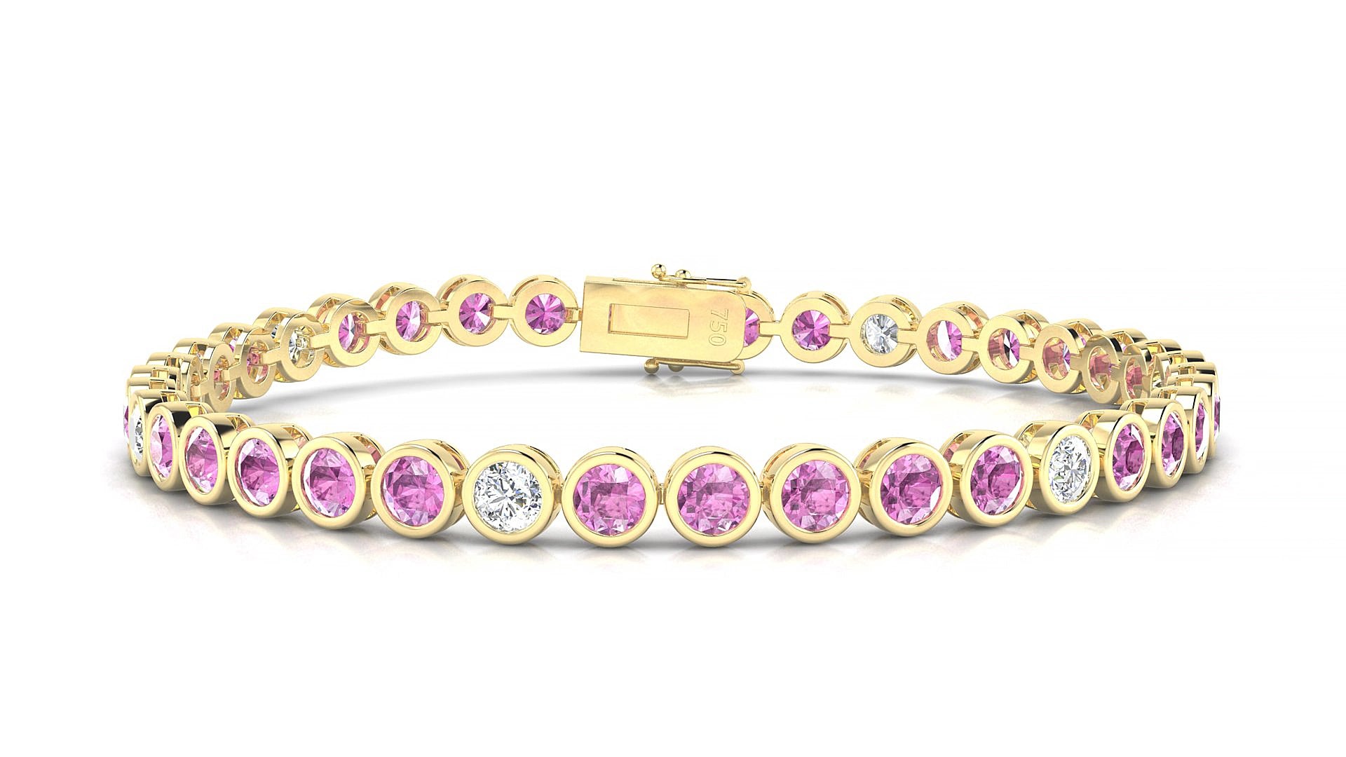 Avila 5-1 | 18k Yellow Gold 3.4 mm Round Natural Pink Sapphire & Diamond 15 cm Tennis Bracelet