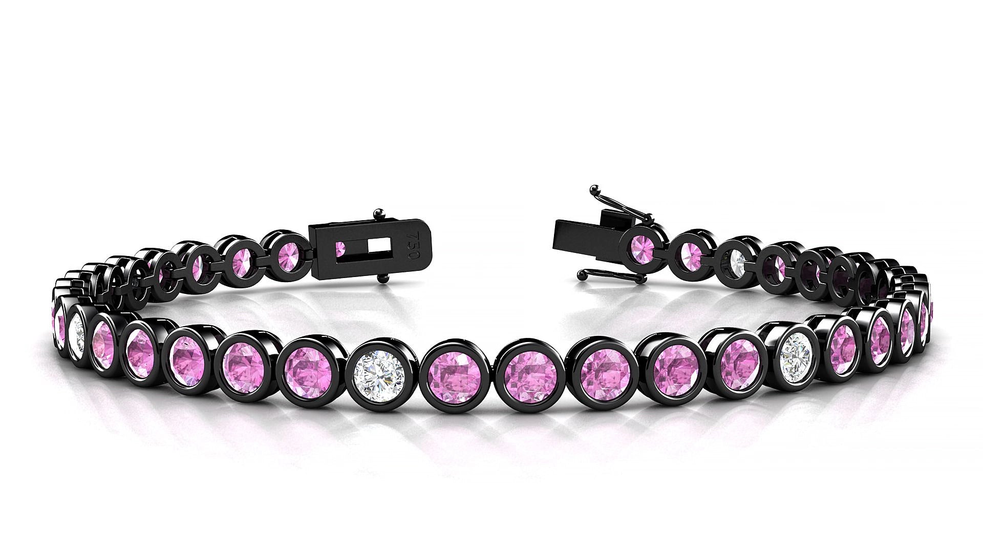 Avila 5-1 | 18k Black Gold 3.4 mm Round Natural Pink Sapphire & Diamond 15 cm Tennis Bracelet