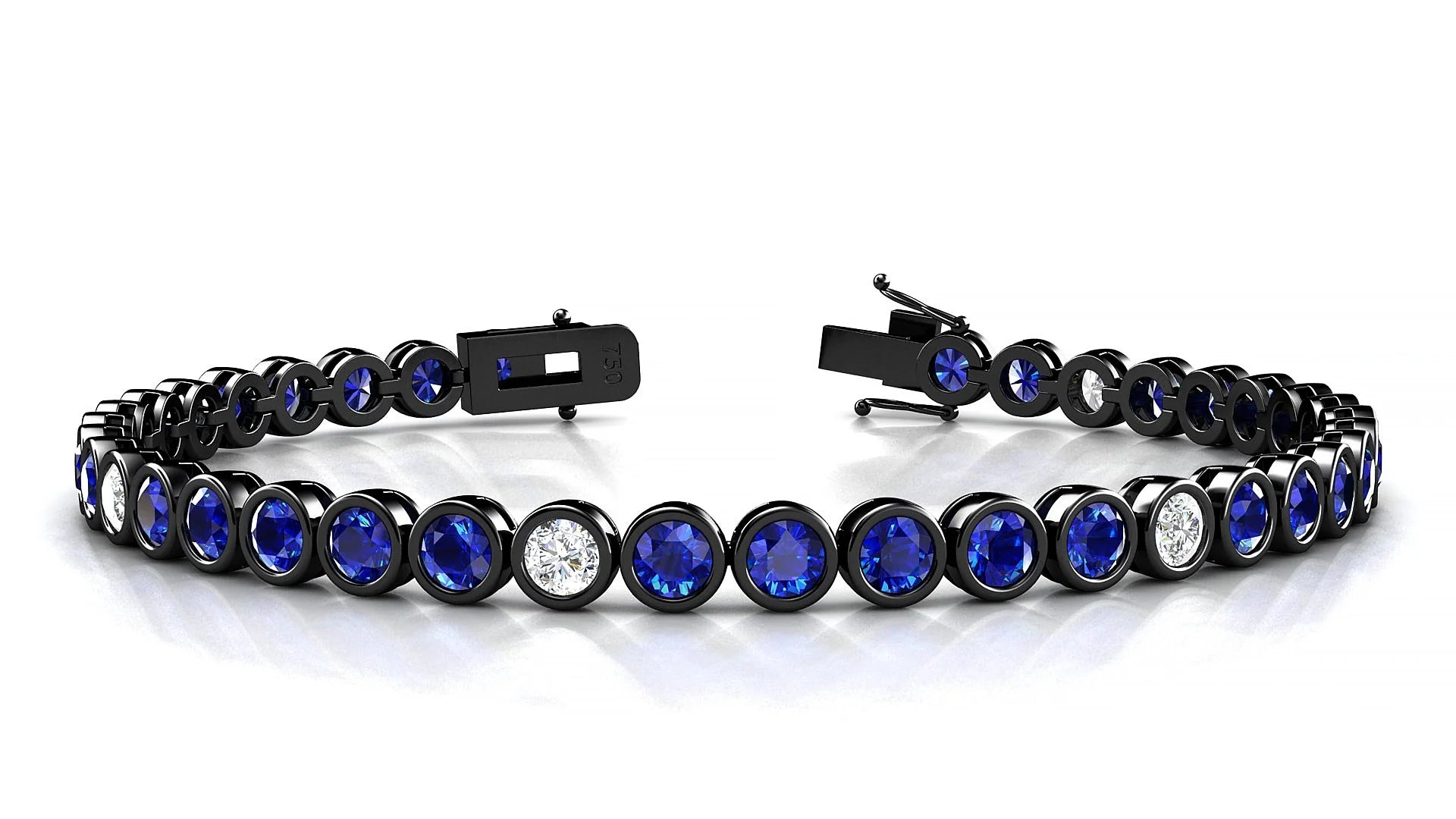 Avila 5-1 | 18k Black Gold 3.4 mm Round Natural Sapphire & Diamond Tennis Bracelet