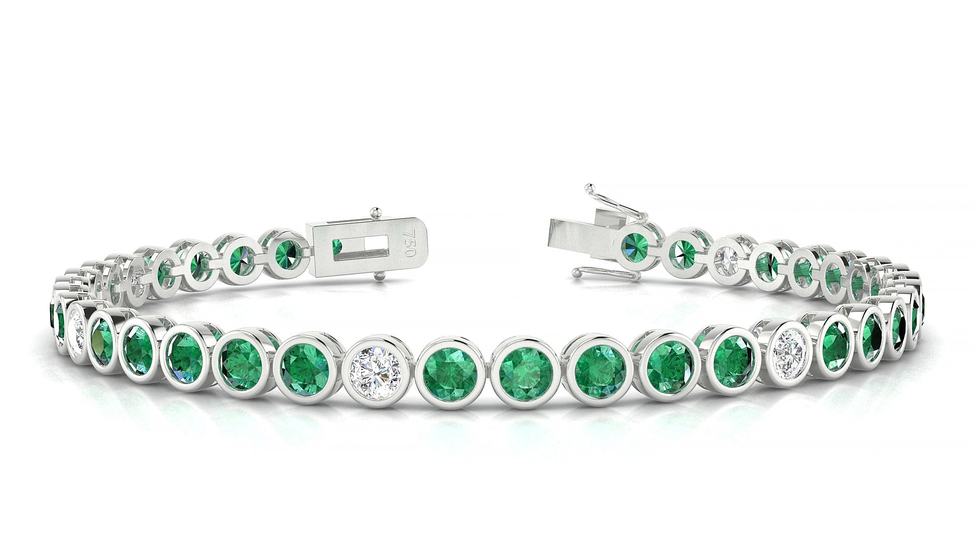 Avila 5-1 | 18k White Gold 3.4 mm Round Natural Emerald & Diamond 16 cm Tennis Bracelet
