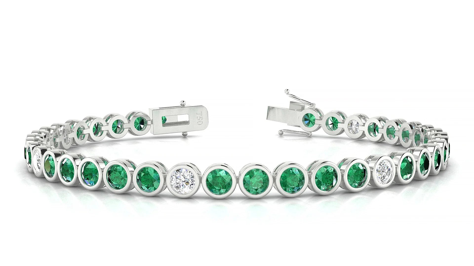 Avila 5-1 | 18k White Gold 3.4 mm Round Natural Emerald & Diamond Tennis Bracelet