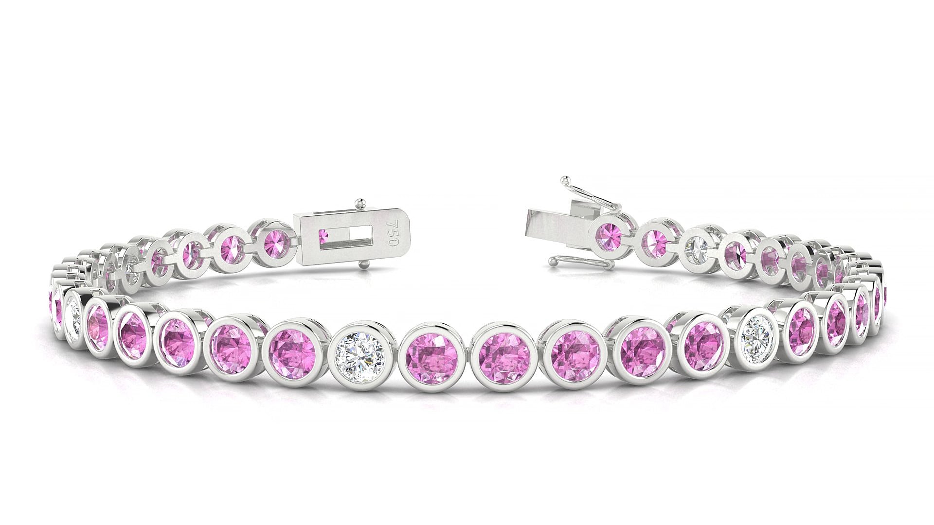 Avila 5-1 | 18k White Gold 3.4 mm Round Natural Pink Sapphire & Diamond 15 cm Tennis Bracelet
