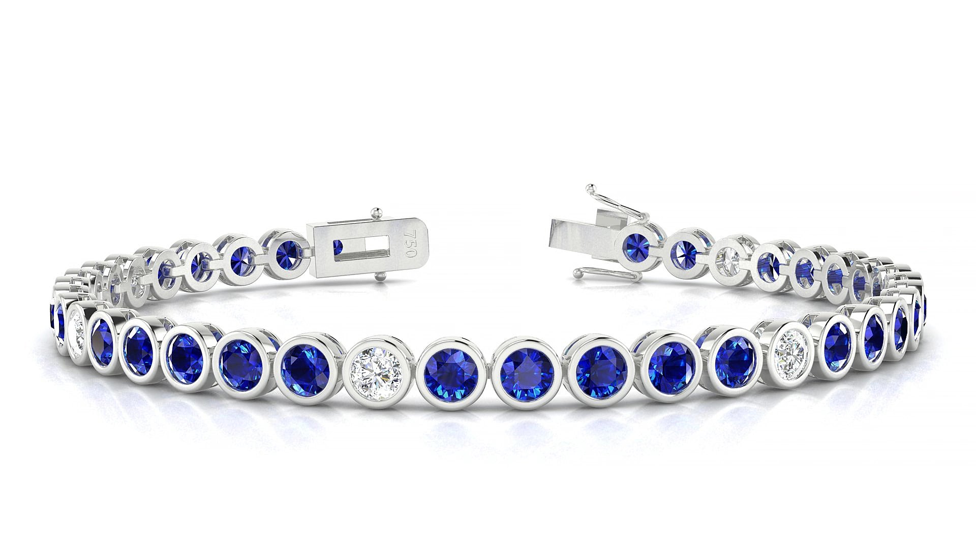 Avila 5-1 | 18k White Gold 3.4 mm Round Natural Sapphire & Diamond 18 cm Tennis Bracelet