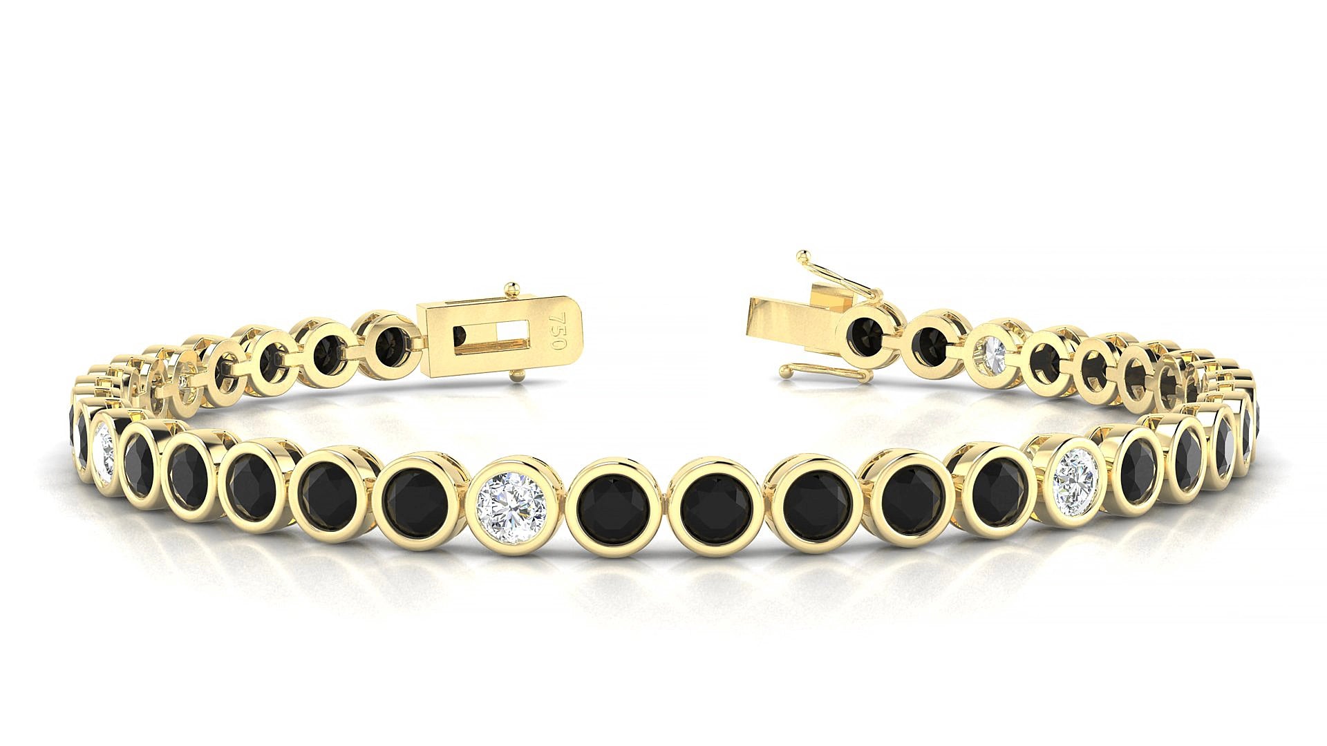 Avila 5-1 | 18k Yellow Gold 3.4 mm Round Natural Black Diamond & Diamond 15 cm Tennis Bracelet