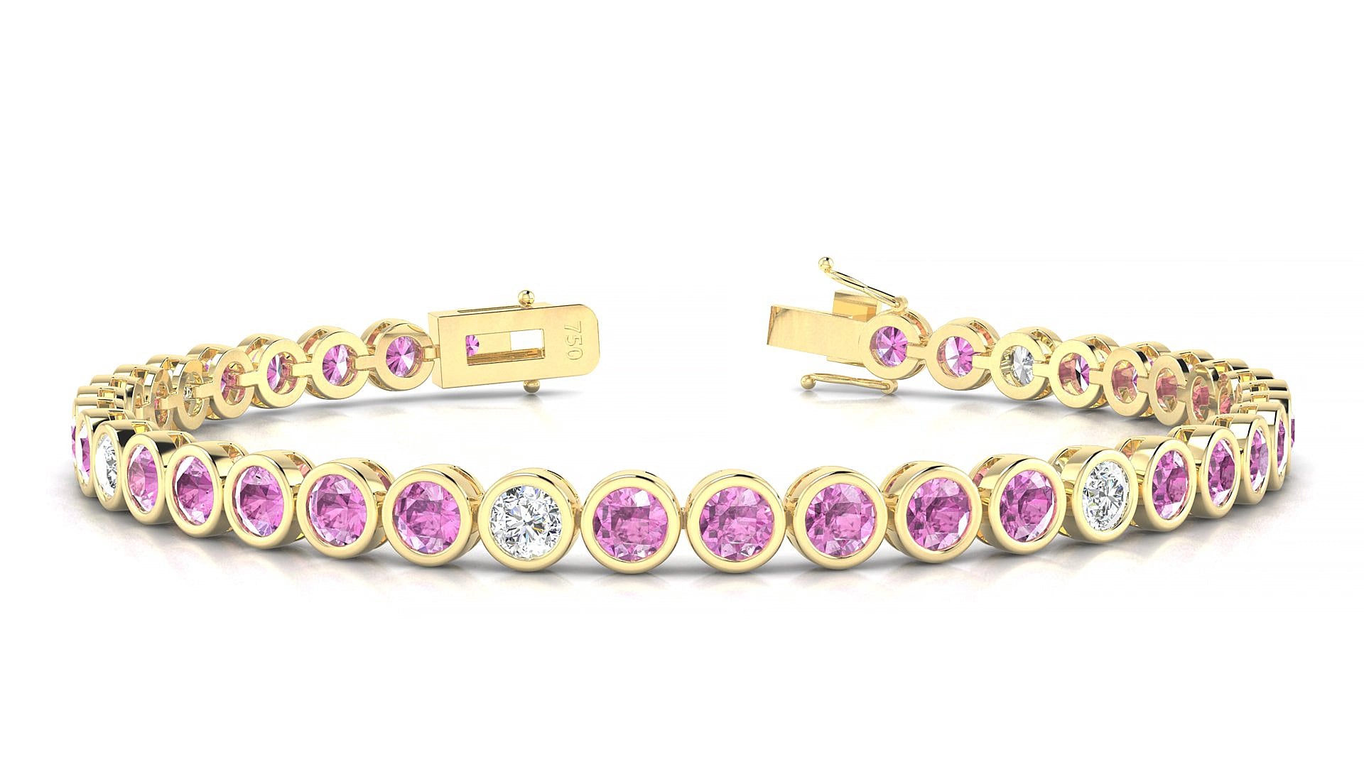 Avila 5-1 | 18k Yellow Gold 3.4 mm Round Natural Pink Sapphire & Diamond 15 cm Tennis Bracelet