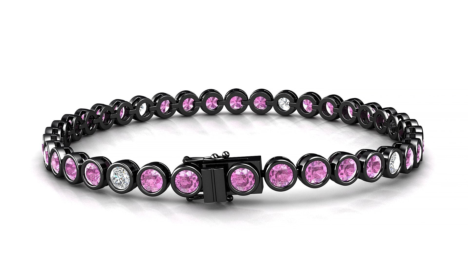 Avila 5-1 | 18k Black Gold 3.4 mm Round Natural Pink Sapphire & Diamond 15 cm Tennis Bracelet