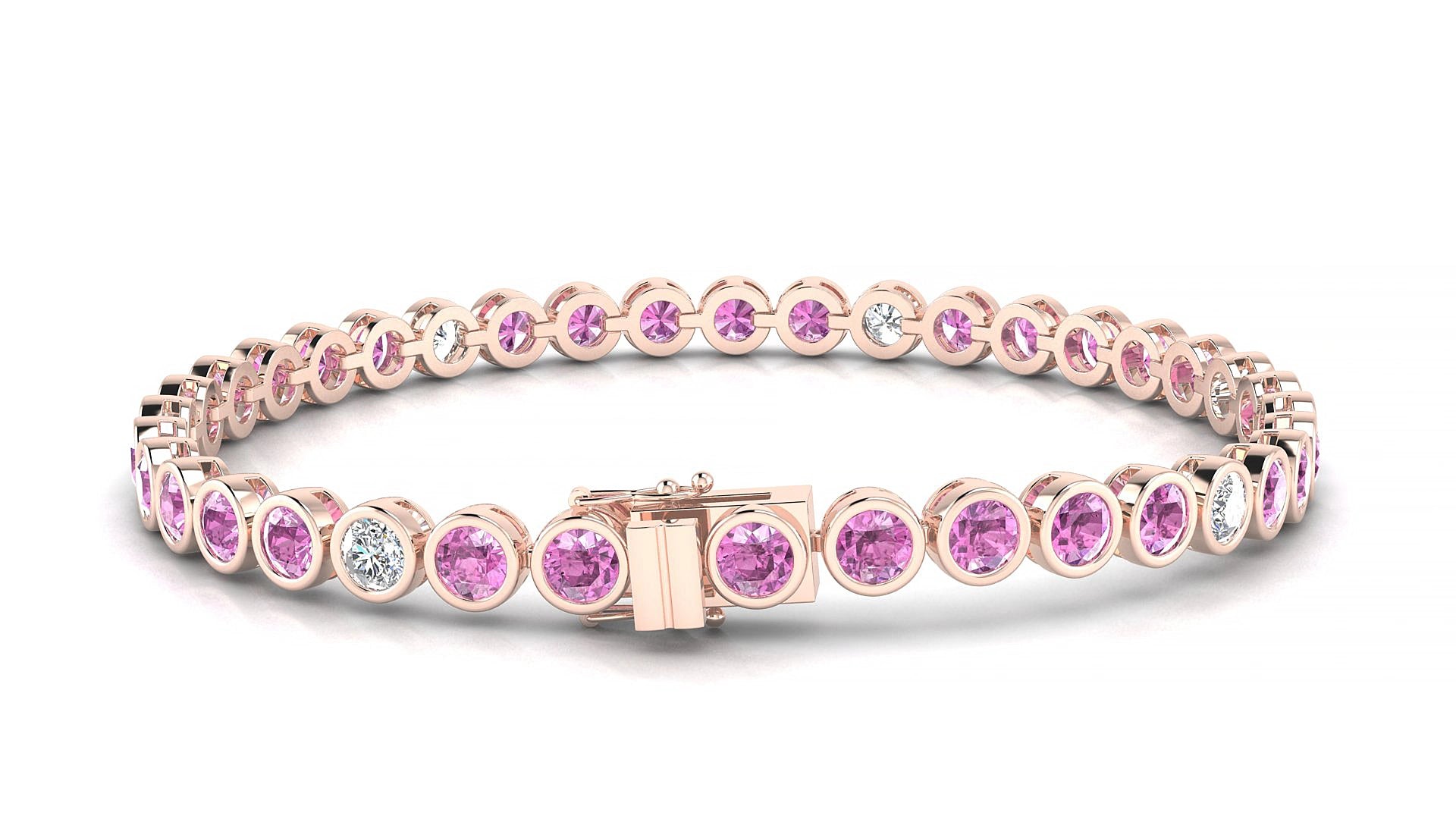 Avila 5-1 | 18k Rose Gold 3.4 mm Round Natural Pink Sapphire & Diamond 15 cm Tennis Bracelet