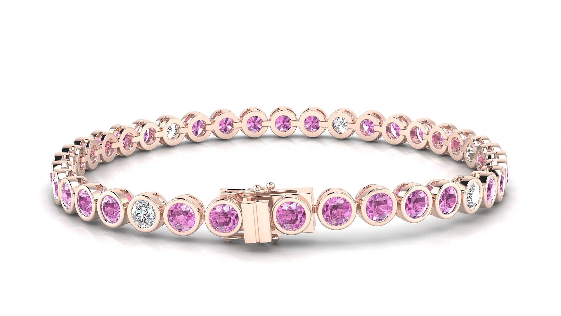 Avila 5-1 | 18k Rose Gold 3.4 mm Round Natural Pink Sapphire & Diamond Tennis Bracelet