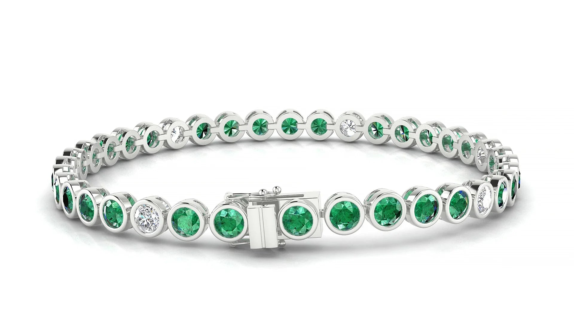 Avila 5-1 | 18k White Gold 3.4 mm Round Natural Emerald & Diamond Tennis Bracelet