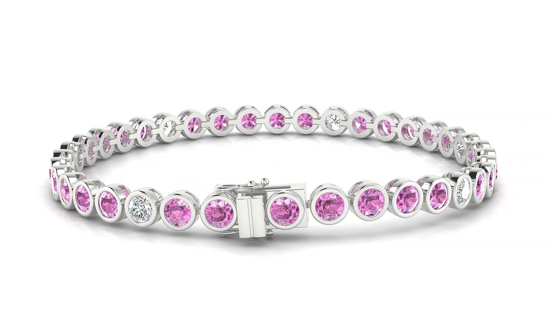 Avila 5-1 | 18k White Gold 3.4 mm Round Natural Pink Sapphire & Diamond 15 cm Tennis Bracelet