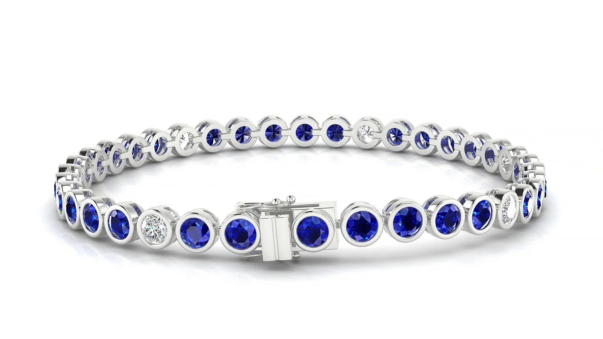 Avila 5-1 | 18k White Gold 3.4 mm Round Natural Sapphire & Diamond Tennis Bracelet