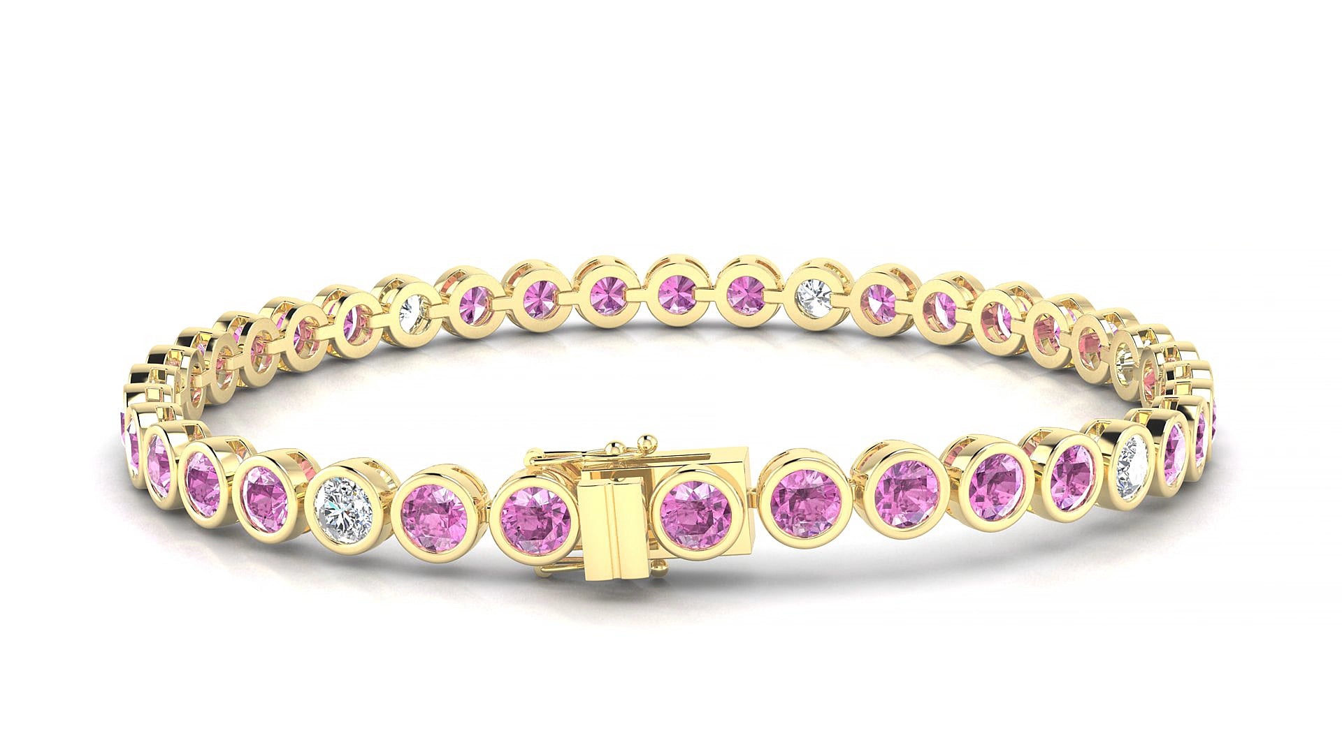 Avila 5-1 | 18k Yellow Gold 3.4 mm Round Natural Pink Sapphire & Diamond 19 cm Tennis Bracelet