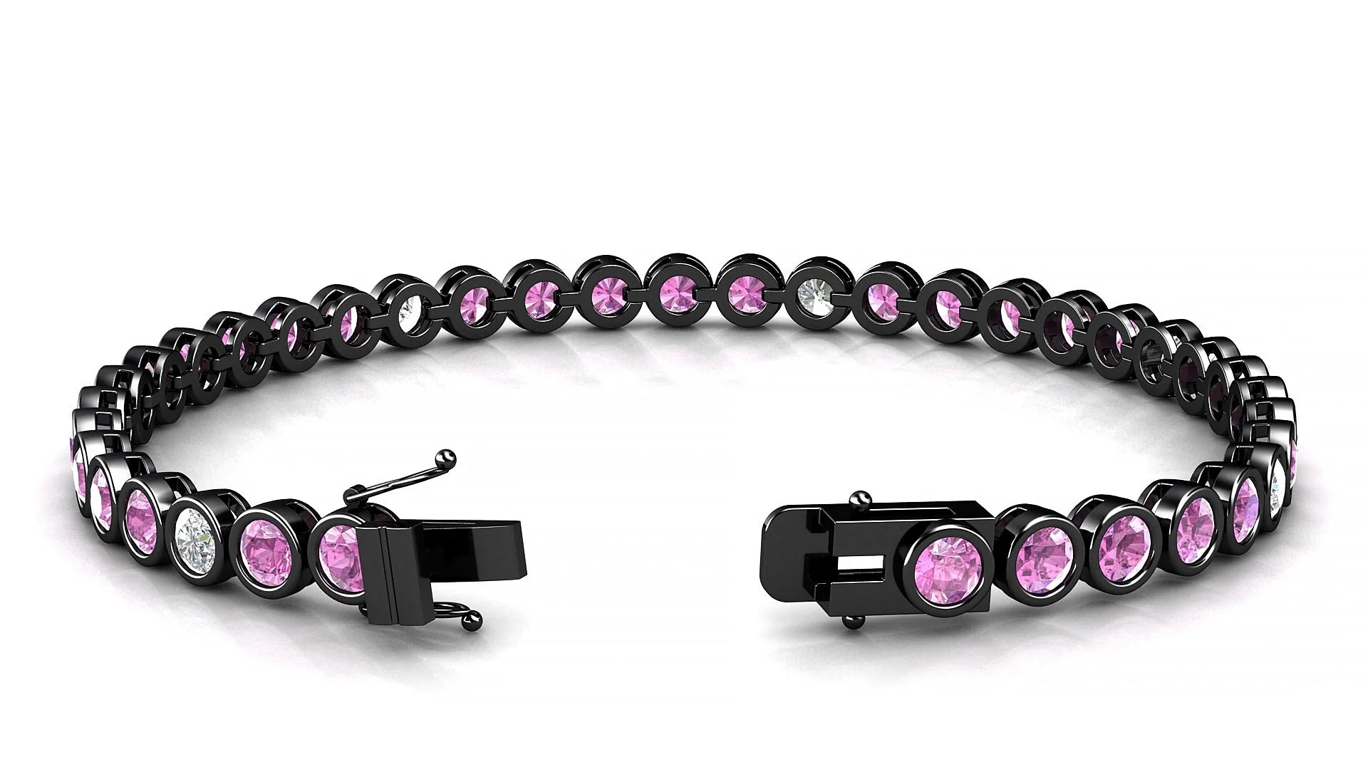 Avila 5-1 | 18k Black Gold 3.4 mm Round Natural Pink Sapphire & Diamond Tennis Bracelet
