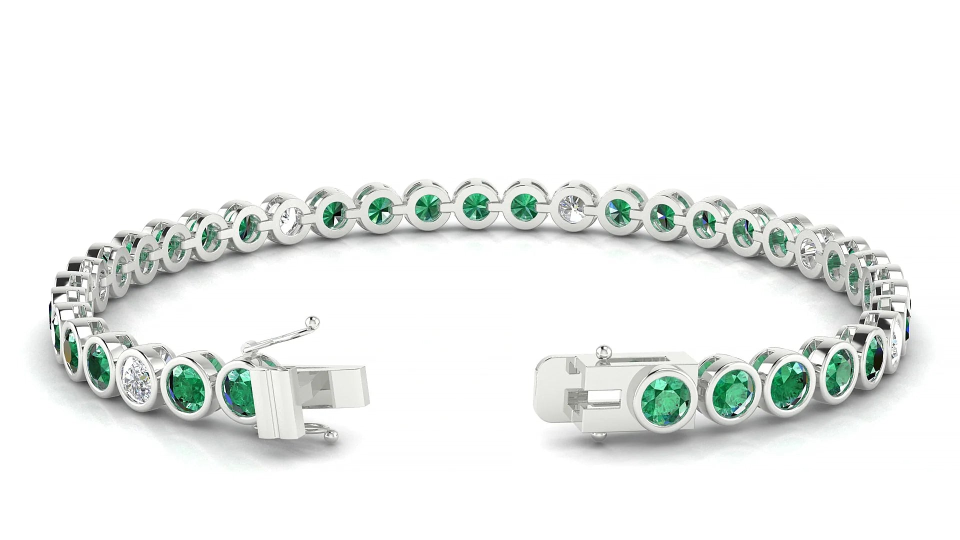 Avila 5-1 | 18k White Gold 3.4 mm Round Natural Emerald & Diamond Tennis Bracelet