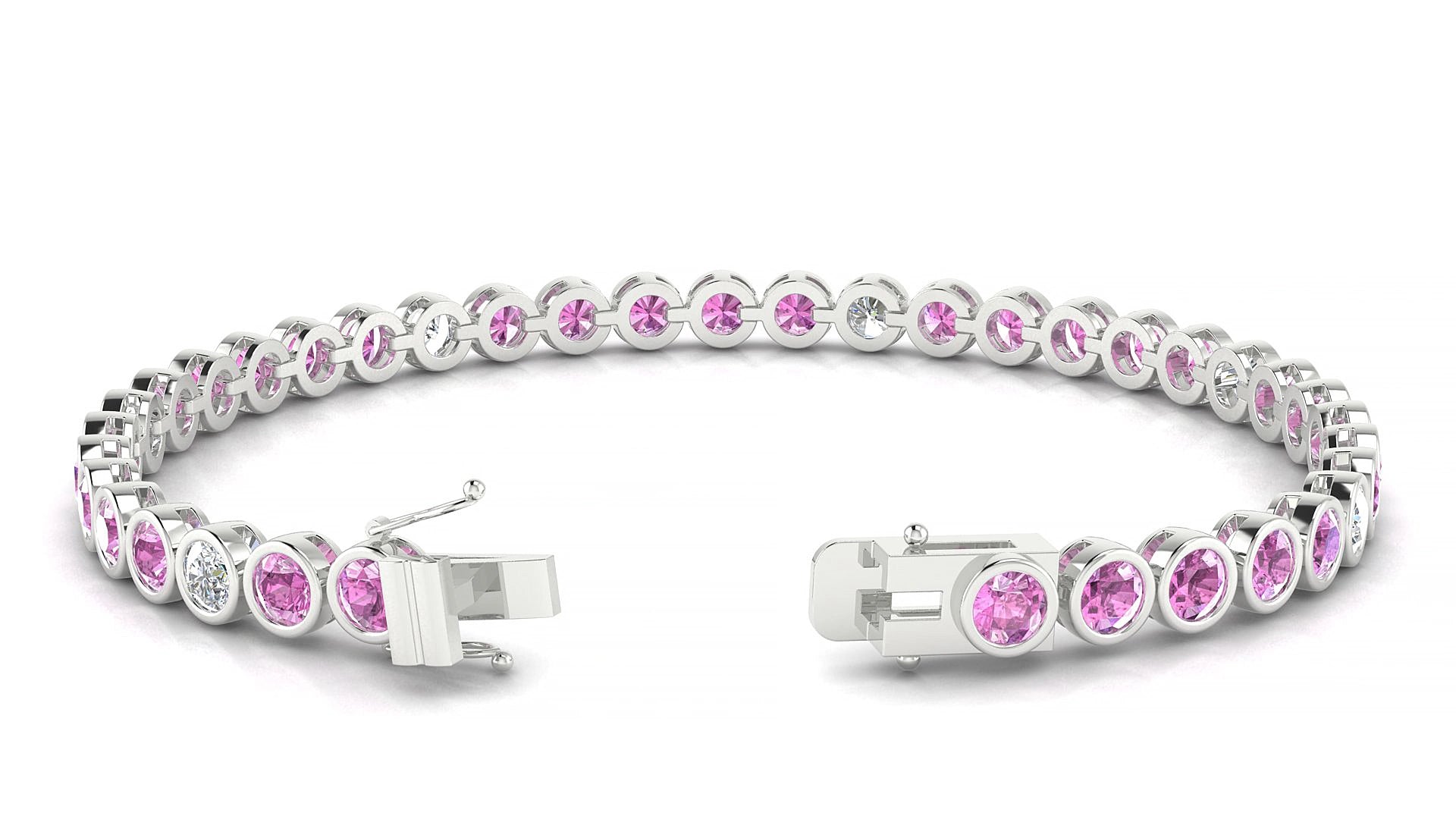 Avila 5-1 | 18k White Gold 3.4 mm Round Natural Pink Sapphire & Diamond 15 cm Tennis Bracelet