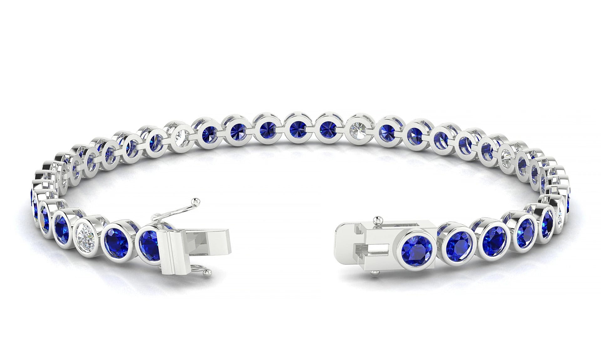 Avila 5-1 | 18k White Gold 3.4 mm Round Natural Sapphire & Diamond 15 cm Tennis Bracelet