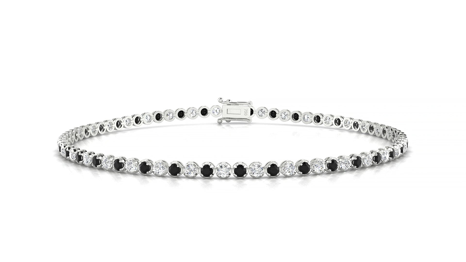 Bengal 1-1 | 18k White Gold 1.7 mm Round Natural Black Diamond & Diamond 16 cm Tennis Bracelet
