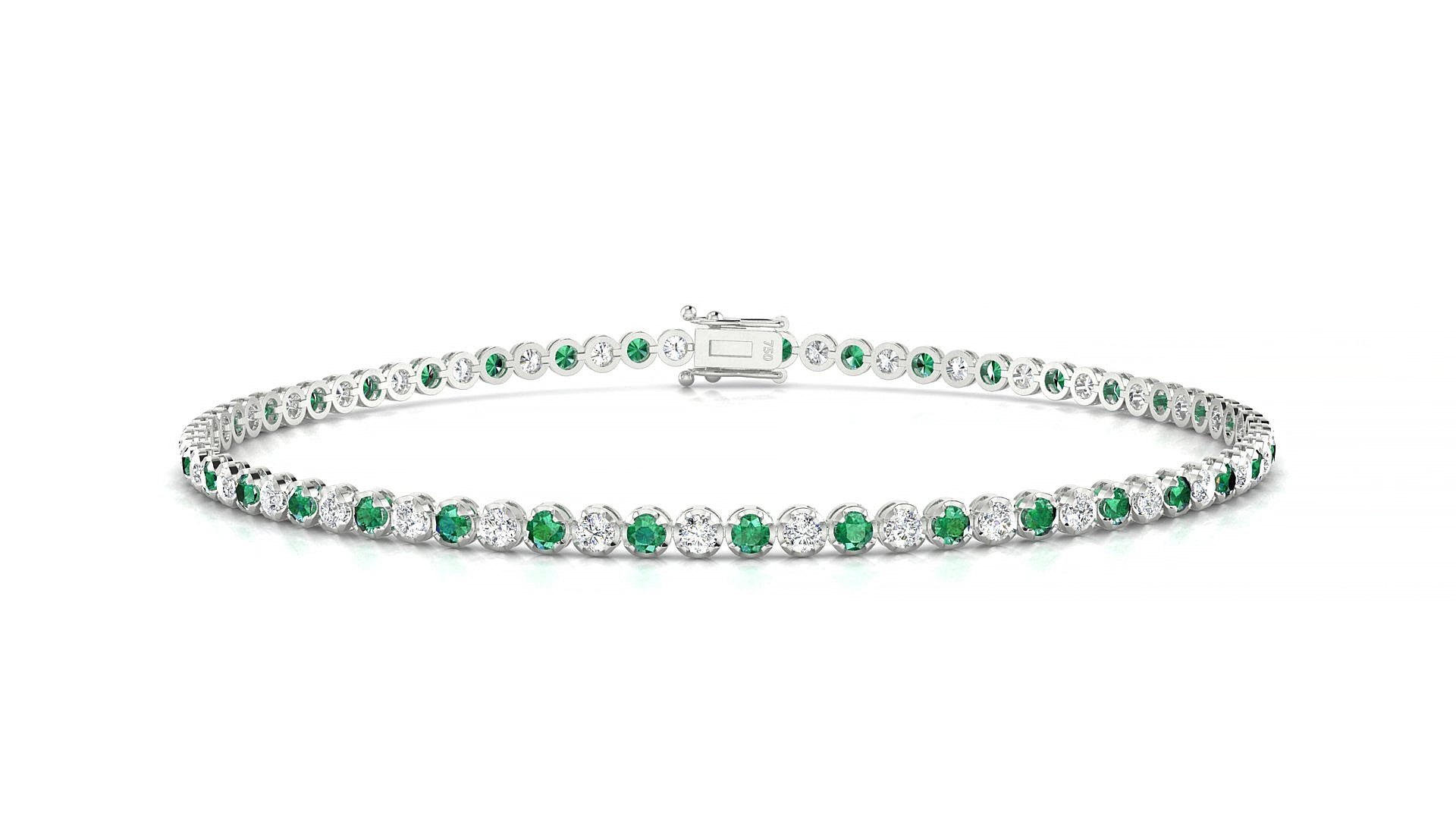 Bengal 1-1 | 18k White Gold 1.7 mm Round Natural Emerald & Diamond 19 cm Tennis Bracelet