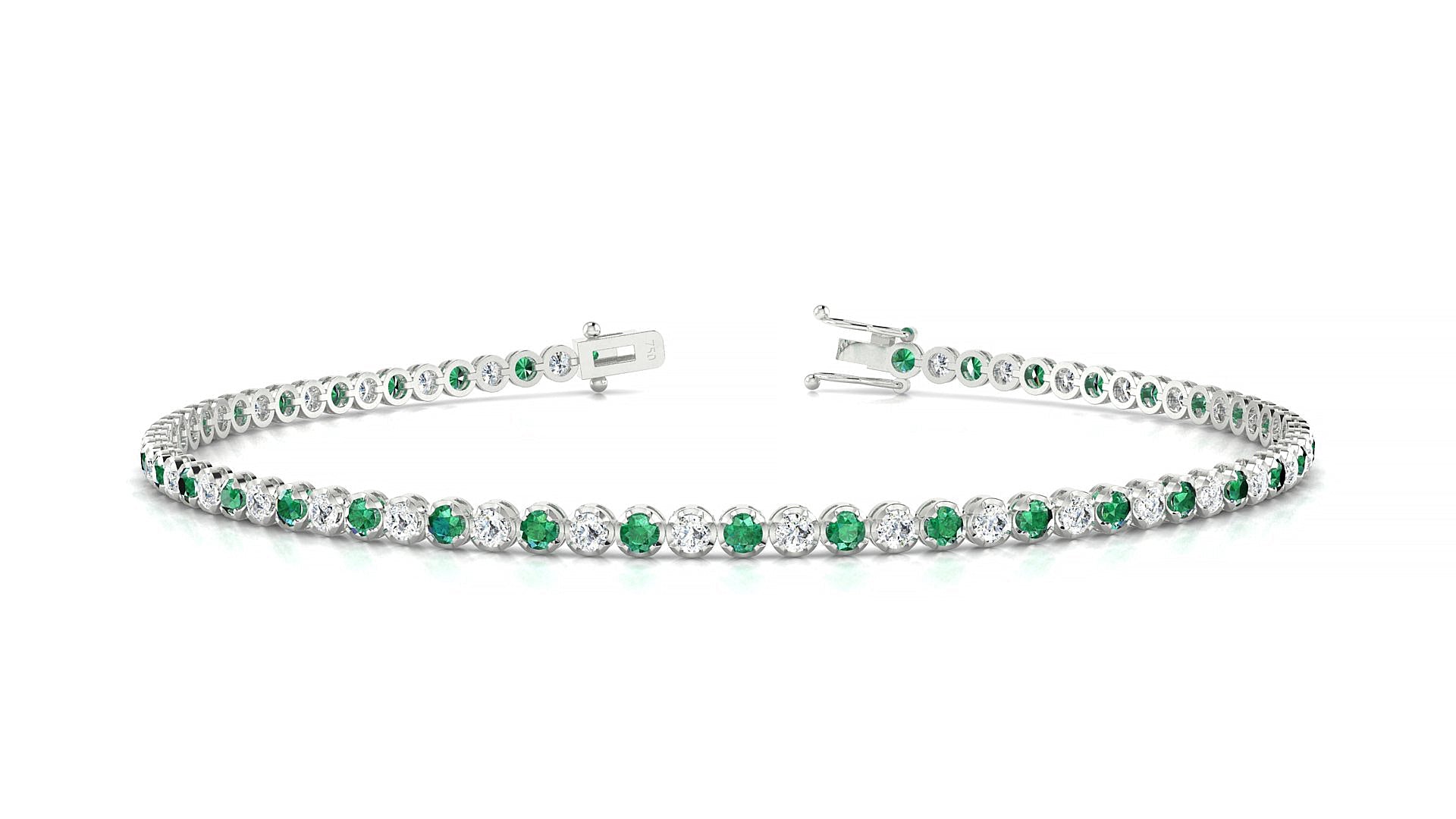 Bengal 1-1 | 18k White Gold 1.7 mm Round Natural Emerald & Diamond Tennis Bracelet
