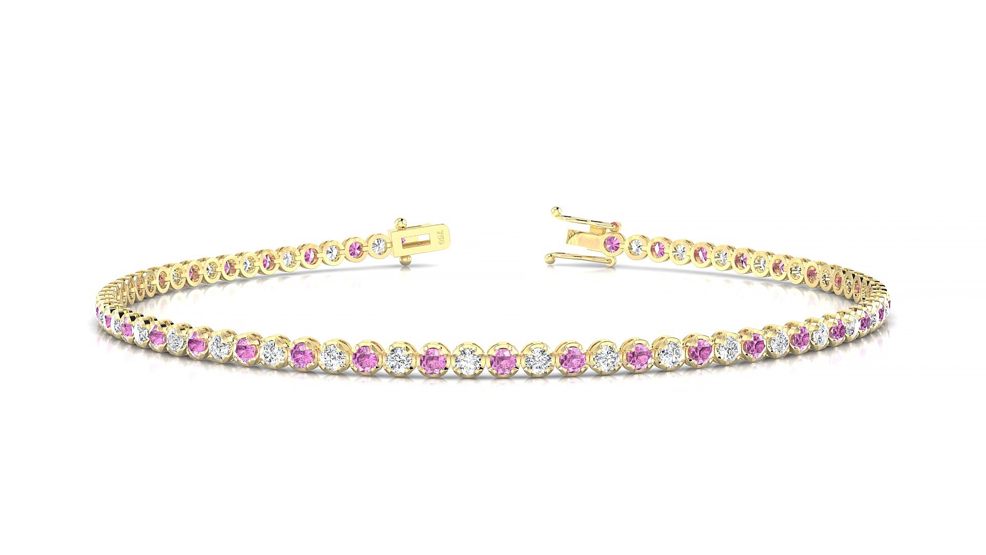 Bengal 1-1 | 18k Yellow Gold 1.7 mm Round Natural Pink Sapphire & Diamond 15 cm Tennis Bracelet
