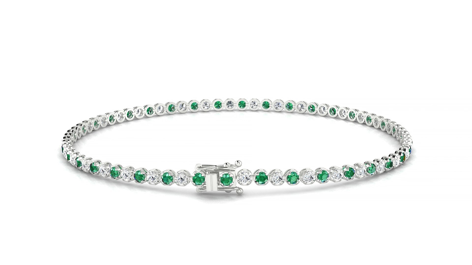 Bengal 1-1 | 18k White Gold 1.7 mm Round Natural Emerald & Diamond 17 cm Tennis Bracelet