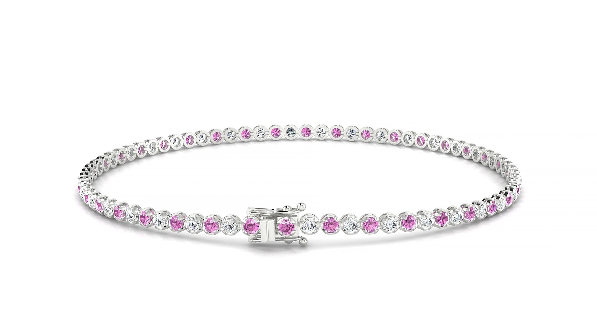 Bengal 1-1 | 18k White Gold 1.7 mm Round Natural Pink Sapphire & Diamond 15 cm Tennis Bracelet