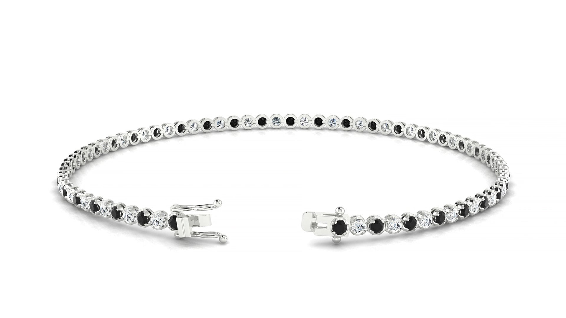 Bengal 1-1 | 18k White Gold 1.7 mm Round Natural Black Diamond & Diamond 15 cm Tennis Bracelet