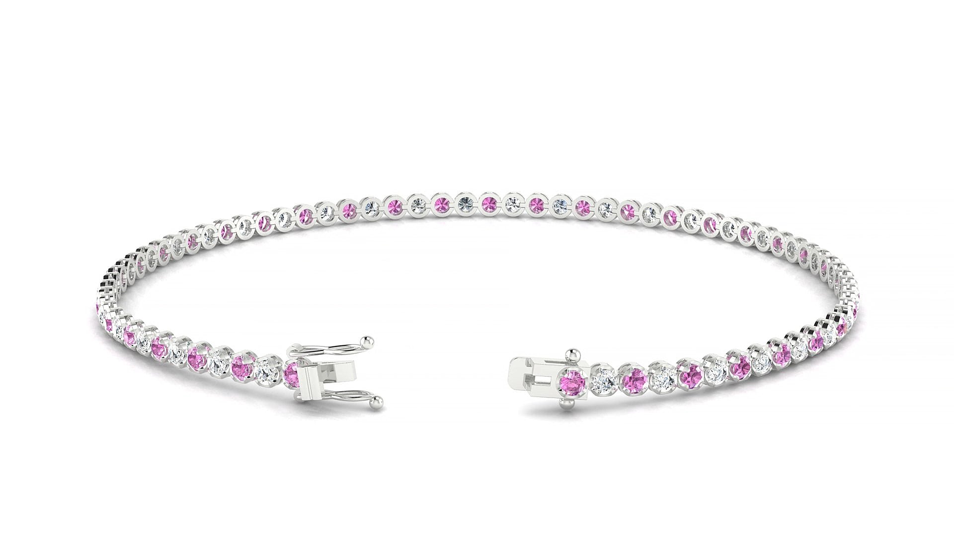 Bengal 1-1 | 18k White Gold 1.7 mm Round Natural Pink Sapphire & Diamond 20 cm Tennis Bracelet