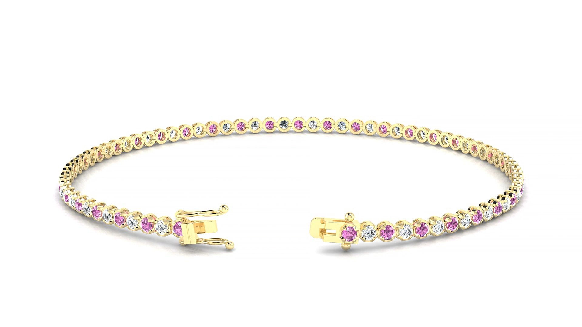 Bengal 1-1 | 18k Yellow Gold 1.7 mm Round Natural Pink Sapphire & Diamond 20 cm Tennis Bracelet