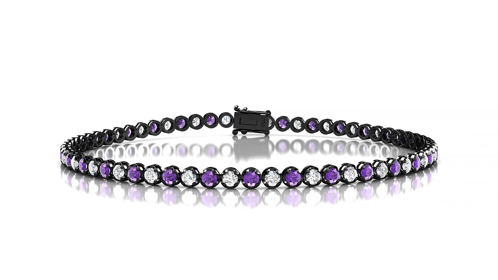 Bengal 1-1 | 18k Black Gold 2 mm Round Natural Amethyst & Diamond 18 cm Tennis Bracelet