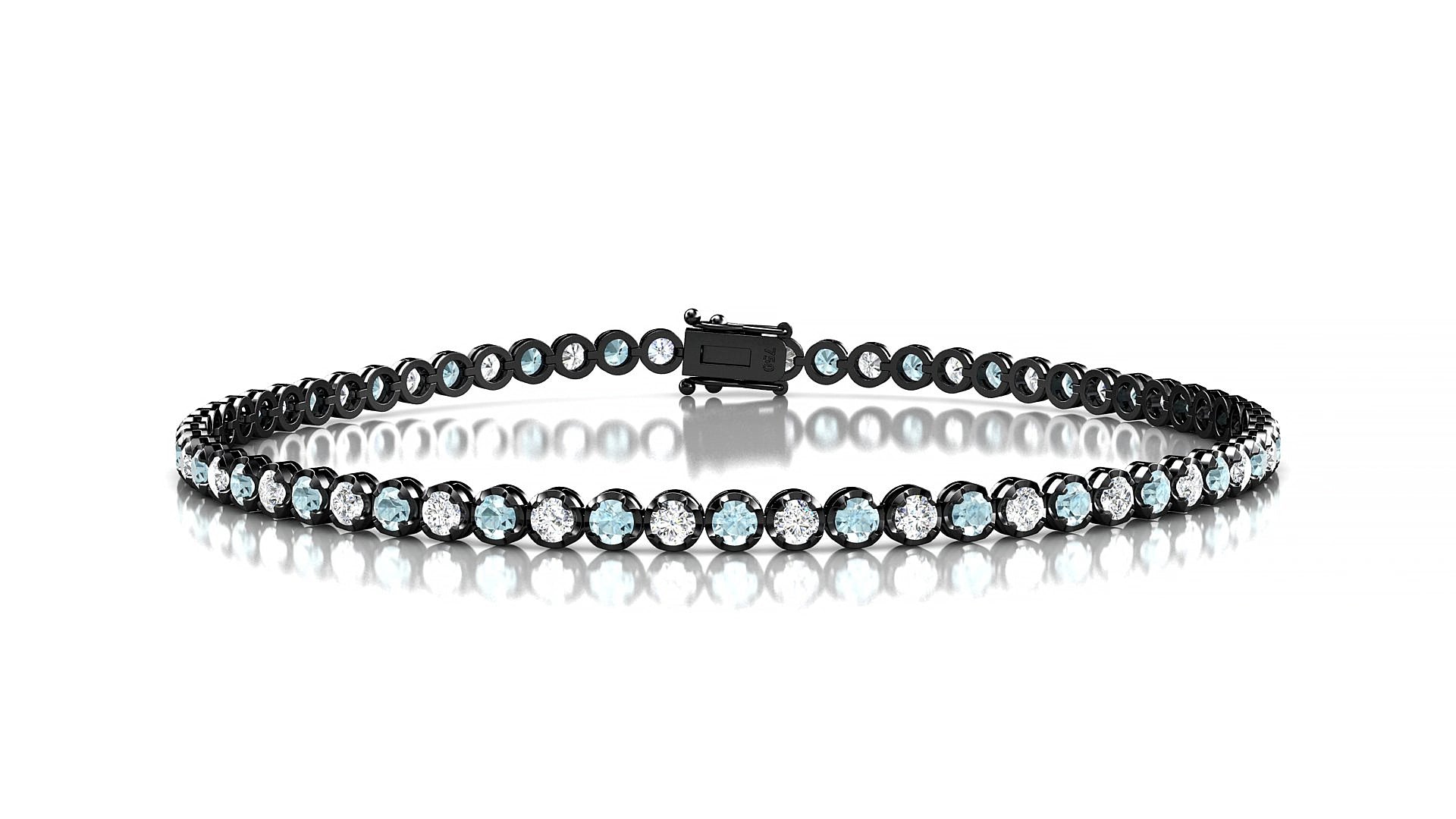 Bengal 1-1 | 18k Black Gold 2 mm Round Natural Aquamarine & Diamond 15 cm Tennis Bracelet