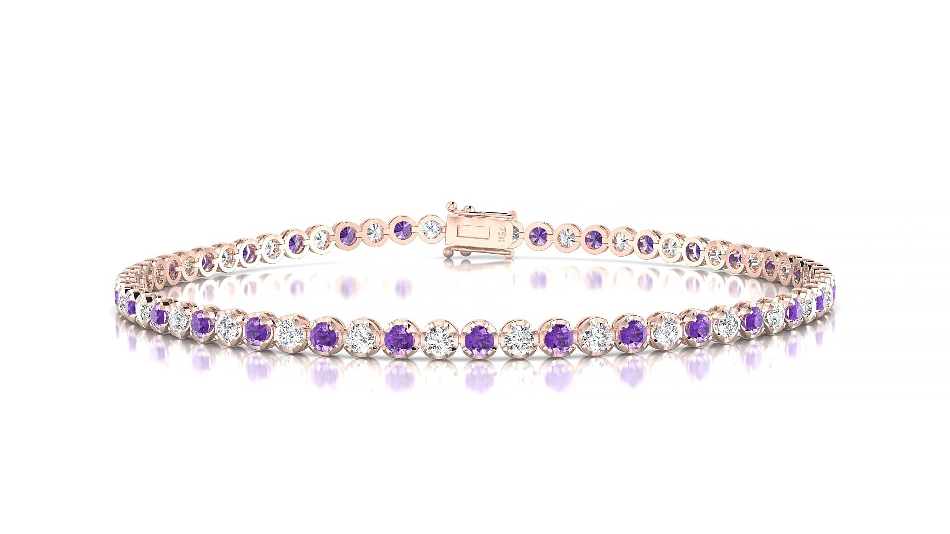 Bengal 1-1 | 18k Rose Gold 2 mm Round Natural Amethyst & Diamond 19 cm Tennis Bracelet