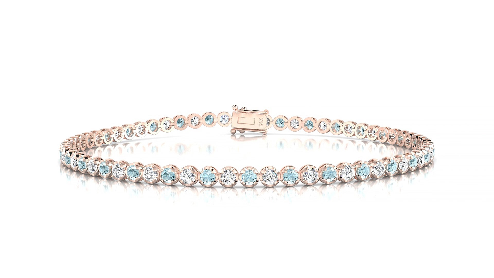 Bengal 1-1 | 18k Rose Gold 2 mm Round Natural Aquamarine & Diamond 17 cm Tennis Bracelet