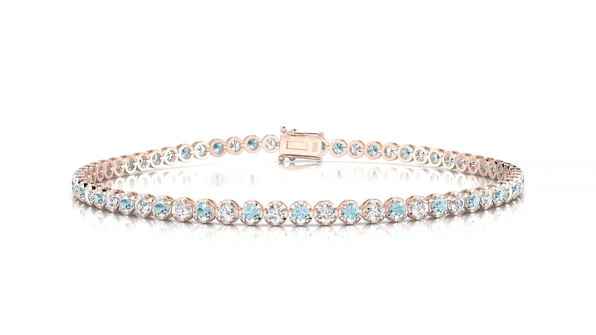 Bengal 1-1 | 18k Rose Gold 2 mm Round Natural Aquamarine & Diamond Tennis Bracelet