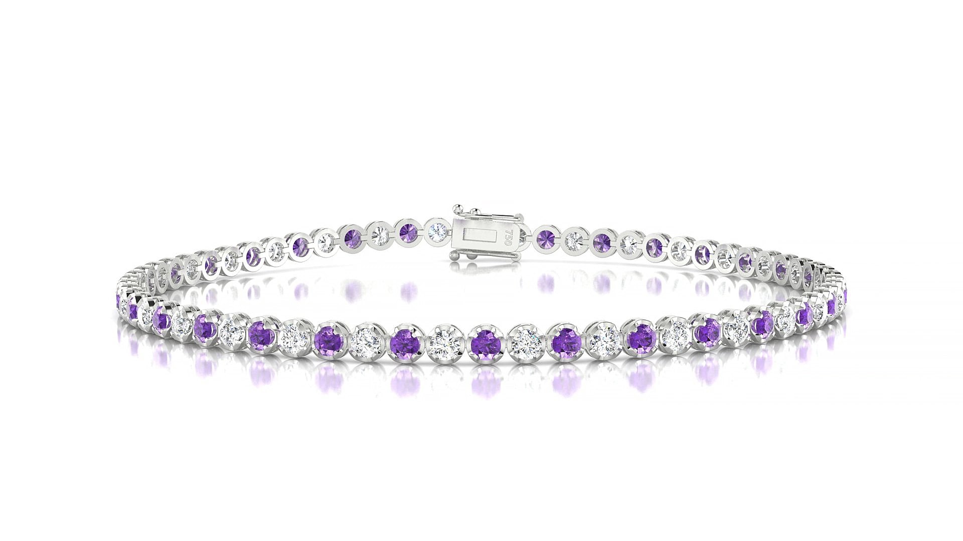 Bengal 1-1 | 18k White Gold 2 mm Round Natural Amethyst & Diamond 18 cm Tennis Bracelet