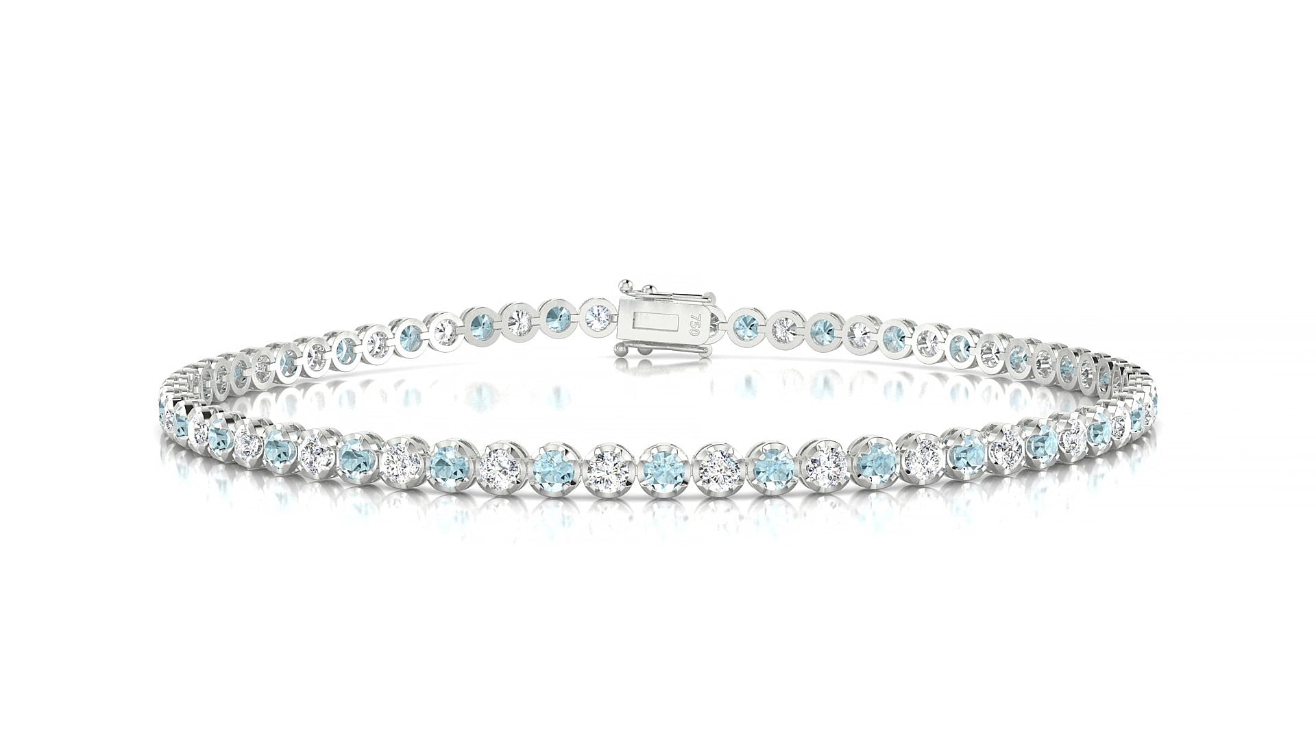 Bengal 1-1 | 18k White Gold 2 mm Round Natural Aquamarine & Diamond 17 cm Tennis Bracelet