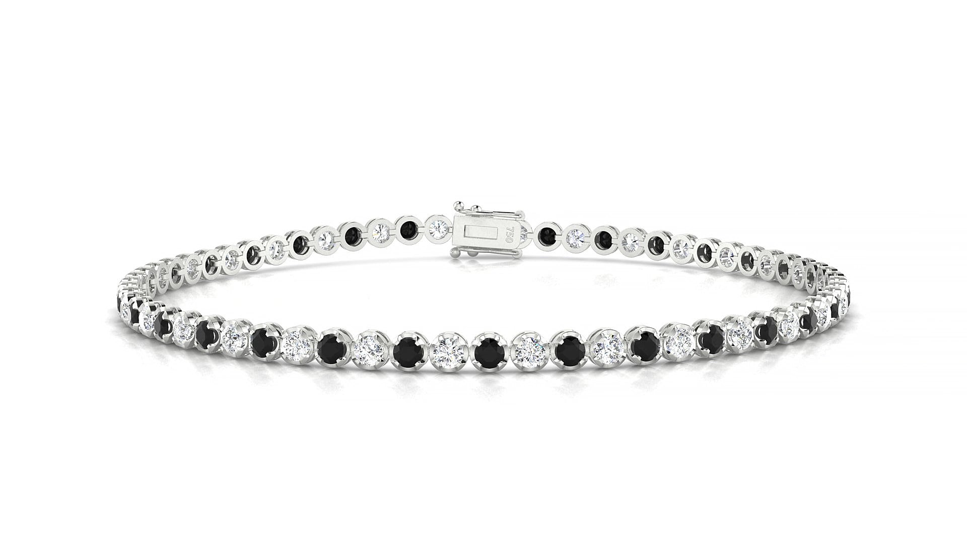 Bengal 1-1 | 18k White Gold 2 mm Round Natural Black Diamond & Diamond 15 cm Tennis Bracelet