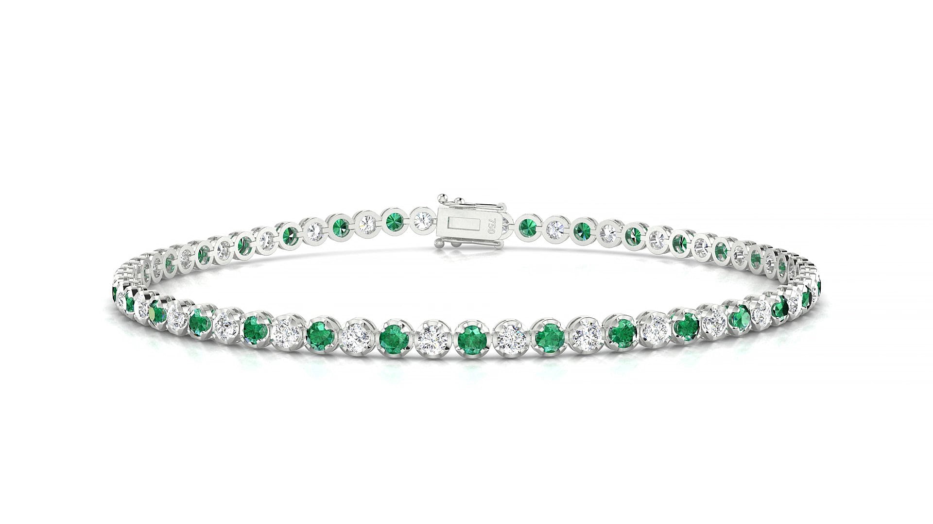 Bengal 1-1 | 18k White Gold 2 mm Round Natural Emerald & Diamond 20 cm Tennis Bracelet