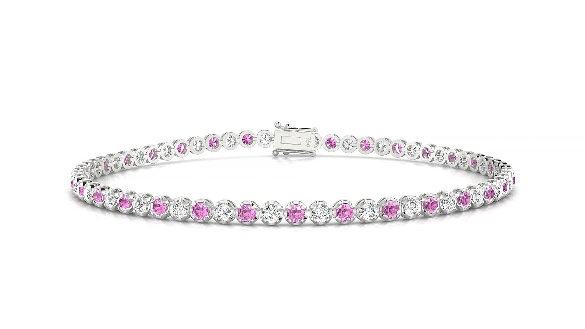 Bengal 1-1 | 18k White Gold 2 mm Round Natural Pink Sapphire & Diamond 20 cm Tennis Bracelet
